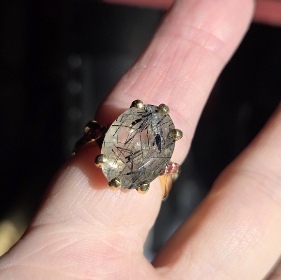 Rutil quarts 5k & Rhodolite sterling & gold infinity ring sz7.5 - Picture 5 of 9